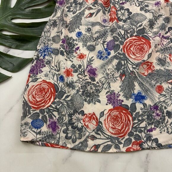 Modcloth Retro High Neck Blouse Top Size M Gray Red Floral Cap Sleeve Ruffle - Picture 4 of 10